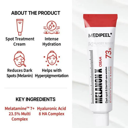 MediPeel Melanon X Cream 30ml Medipeel Melanonx cream packaging with product features and key ingredients on a white background