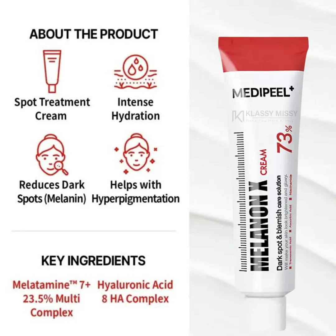 MediPeel Melanon X Cream 30ml Medipeel Melanonx cream packaging with product features and key ingredients on a white background