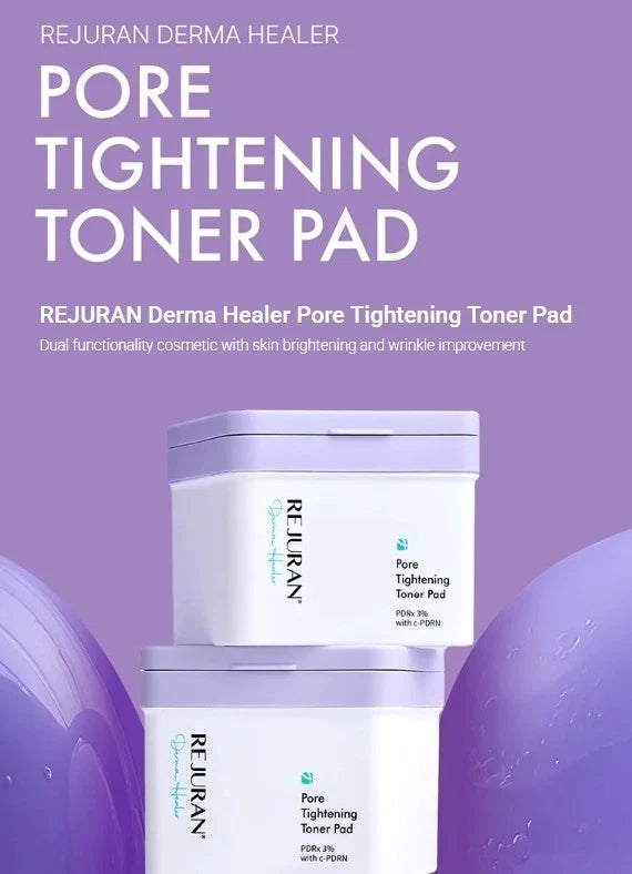 REJURAN Derma Healer Pore Tightening Toner Pad packaging on a purple background