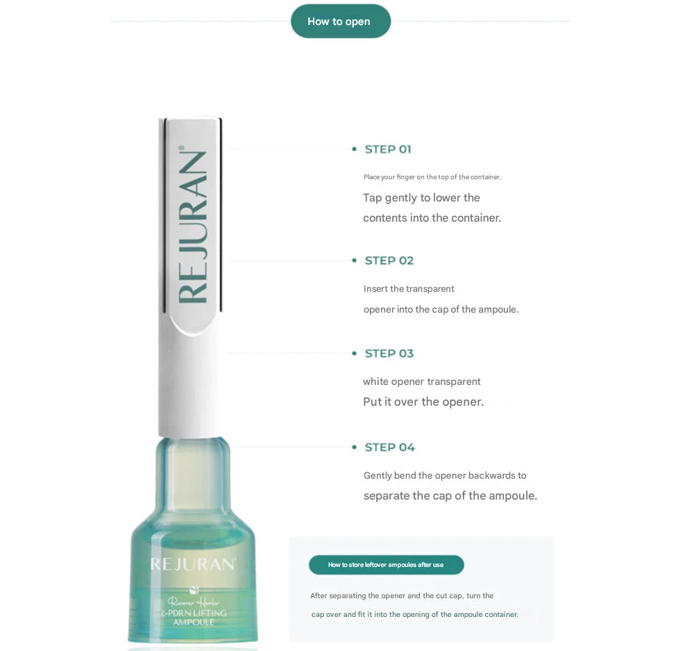 REJURAN Recover Healer c-PDRN Lifting Ampoule 2mL x 14ea REJURAN ampoule with step-by-step instructions on how to open it.