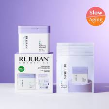 Rejuran Derma Healer Pore Tightening Toner Pad Rejuvenation skincare products with 'Slow Aging' label on a purple background